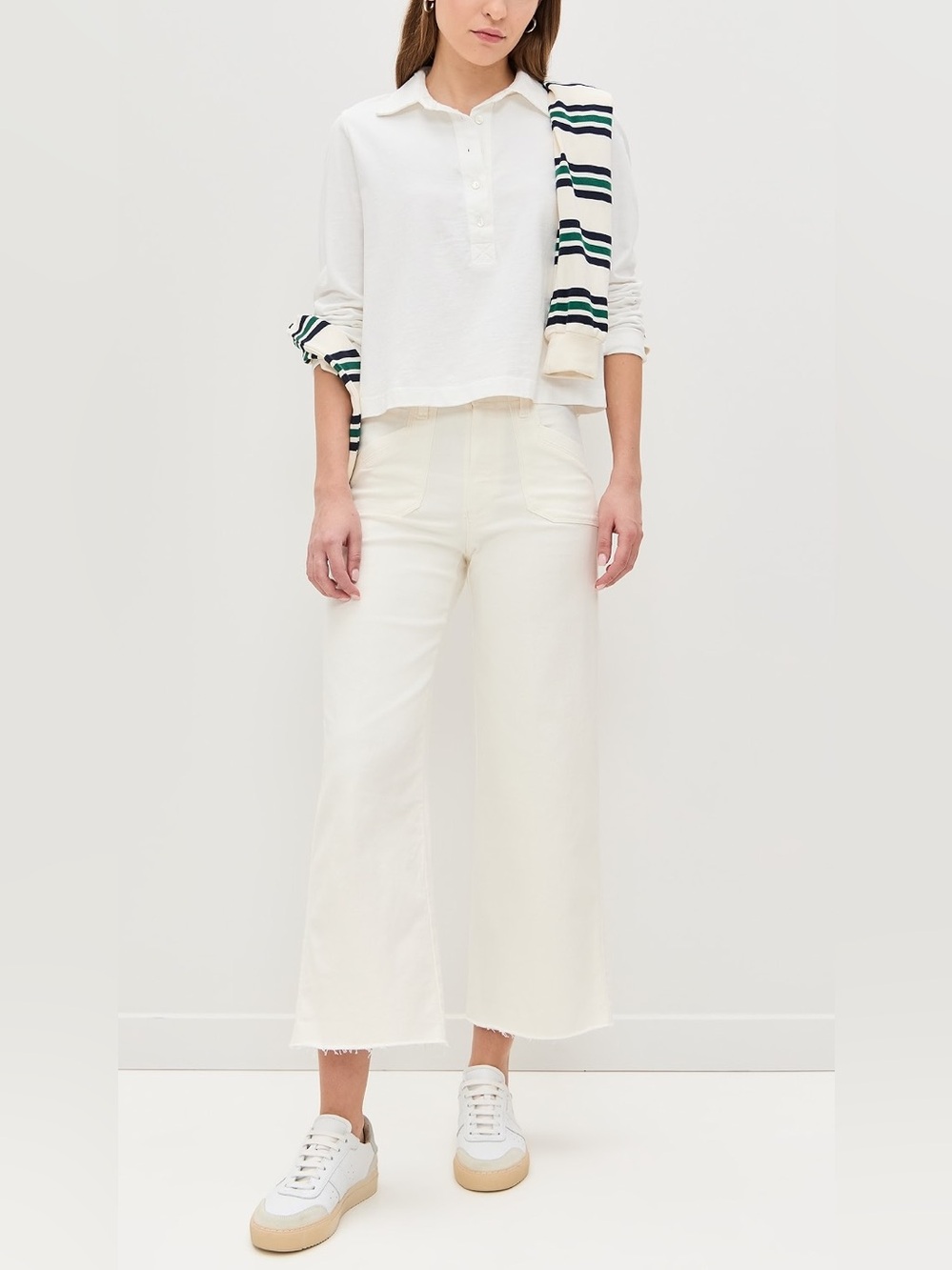PAIGE Anessa Welt Utility Pocket Pant White Denim Cropped Wide Leg Women’s 34